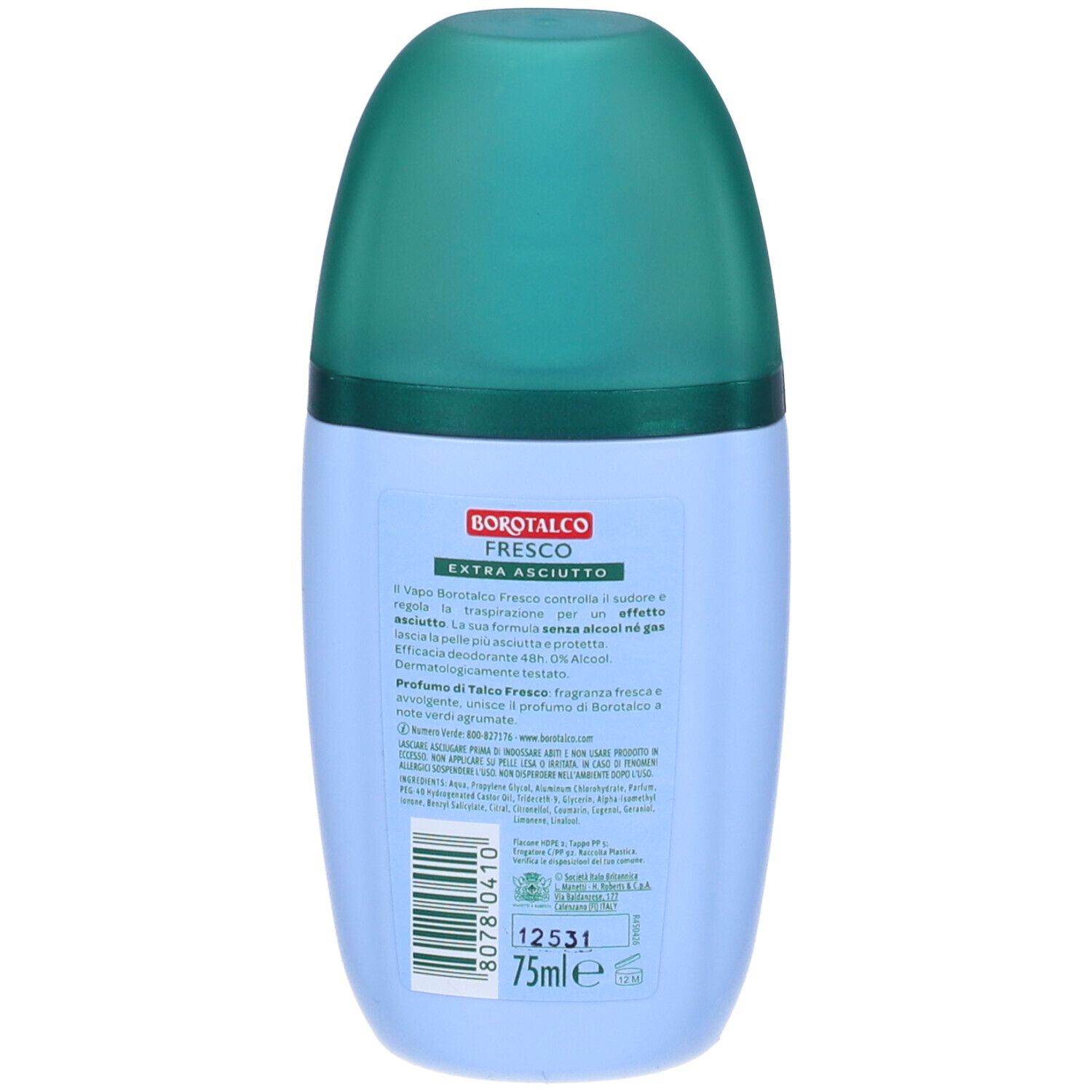 Retro di un flacone roll-on blu e bianco con tappo verde. Testo: Borotalco Fresco Extra Asciutto. Codice a barre e testo.