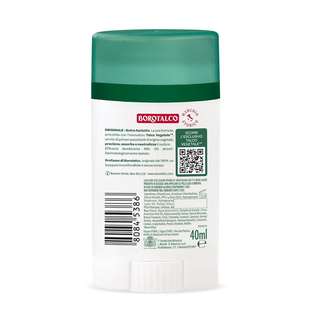 Borotalco Deostick mit grünem Deckel. Enthält 40ml. Dermatologisch getestet.