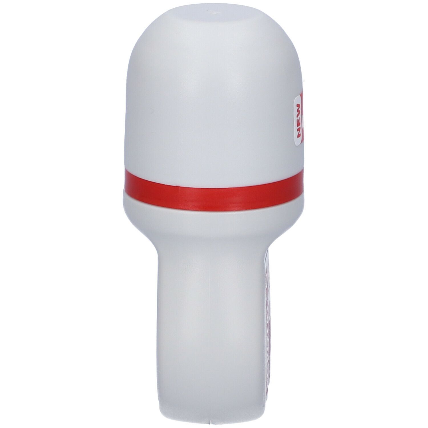 Deodorante roll-on bianco, vista laterale. Striscia rossa. Adesivo: New. Forma: allungata, arrotondata.