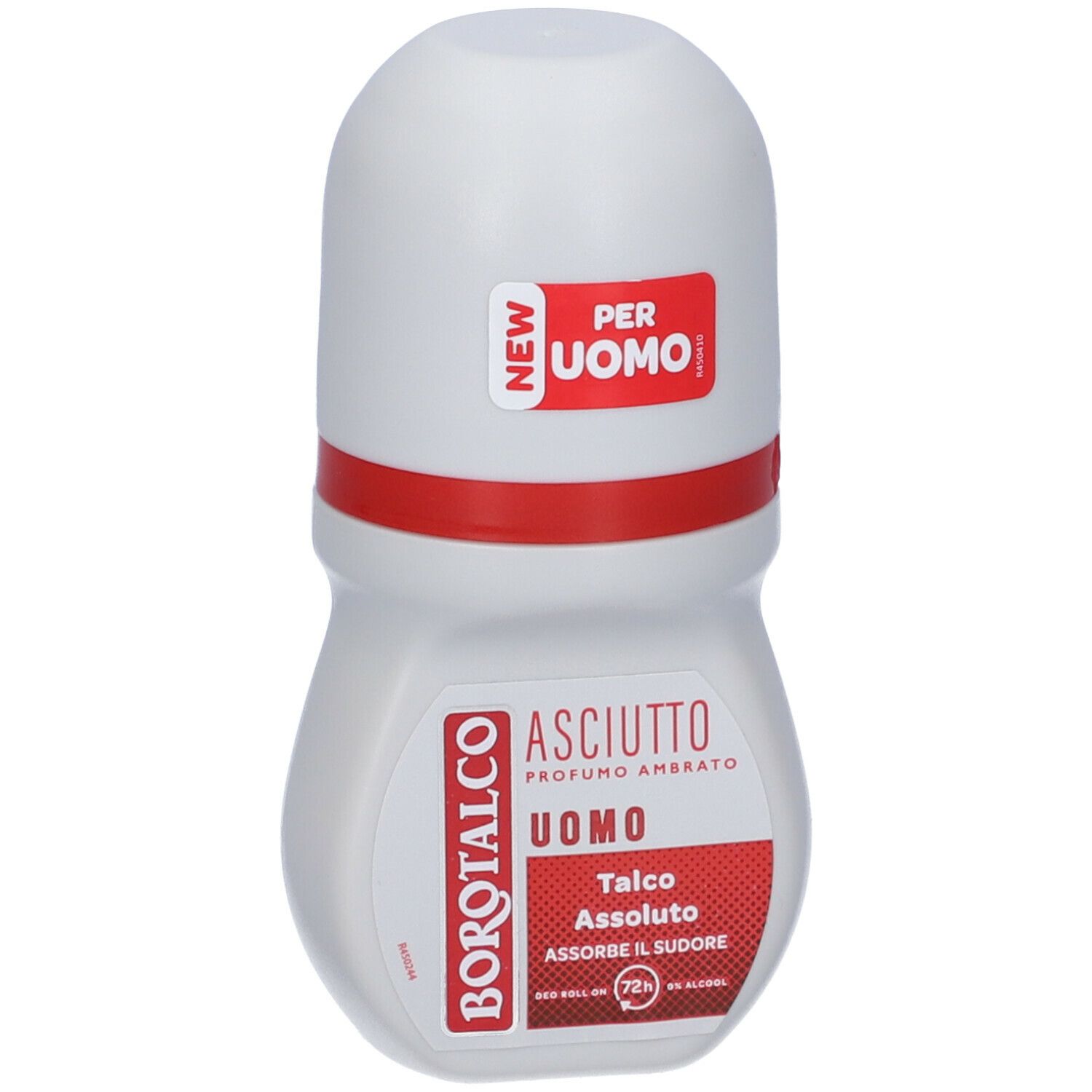 Deodorante roll-on bianco con accento rosso. Scritte: Borotalco, Asciutto, Uomo, Talco Assoluto. Adesivo: Per Uomo, New.