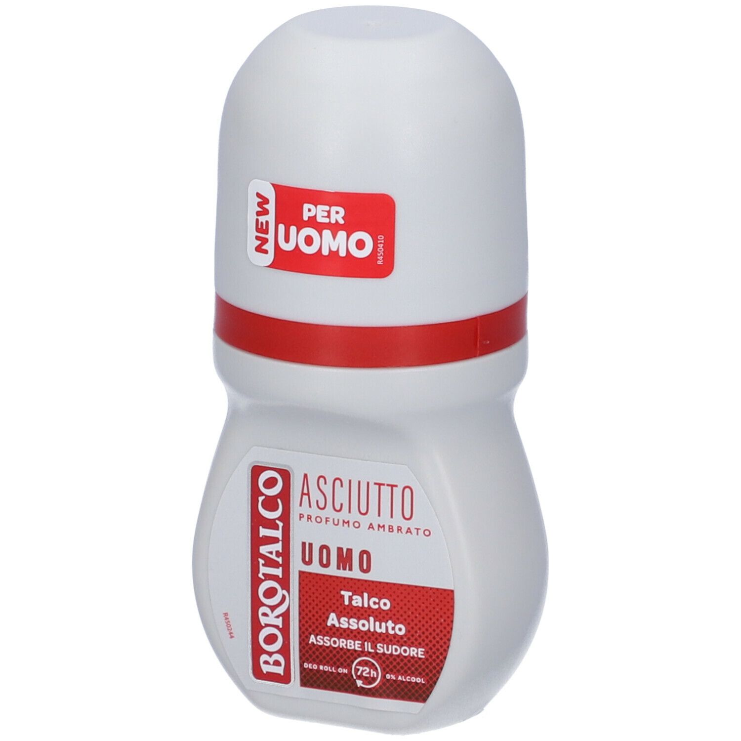 Deodorante roll-on bianco con accento rosso. Scritte: Borotalco, Asciutto, Uomo, Talco Assoluto. Adesivo: Per Uomo, New.