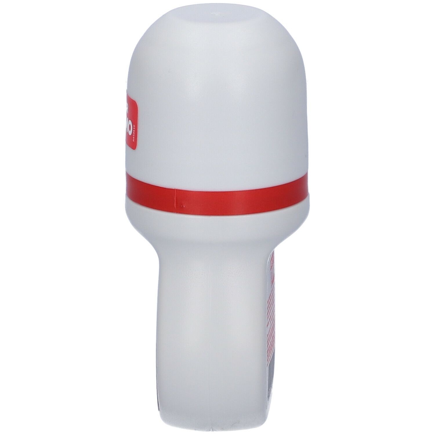 Deodorante roll-on bianco, vista laterale. Striscia rossa. Adesivo: New. Forma: allungata, arrotondata.