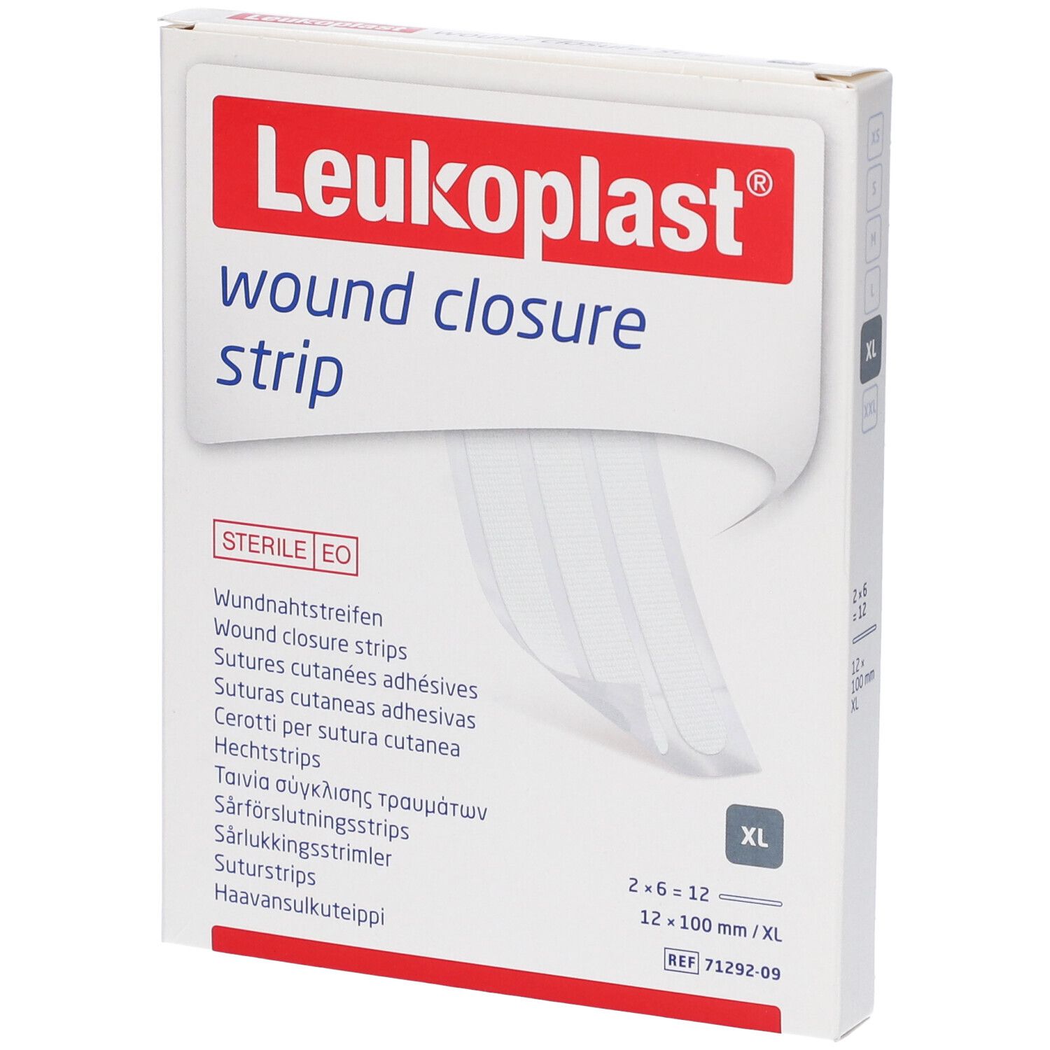 Confezione di strisce per la chiusura di ferite Leukoplast. Contiene 2x6 strisce, 12x100mm. Sterile EO.