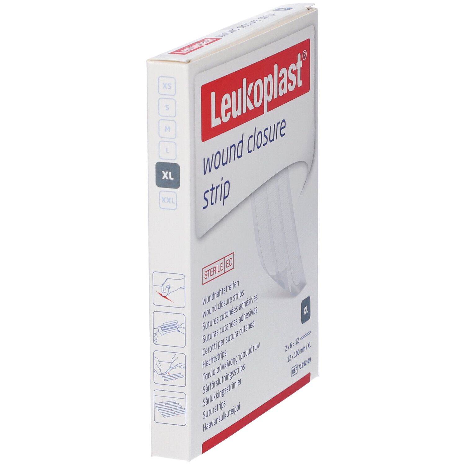 Confezione di strisce per la chiusura di ferite Leukoplast, taglia XL. Vista laterale. Sterile EO. Contiene 2x6 strisce.