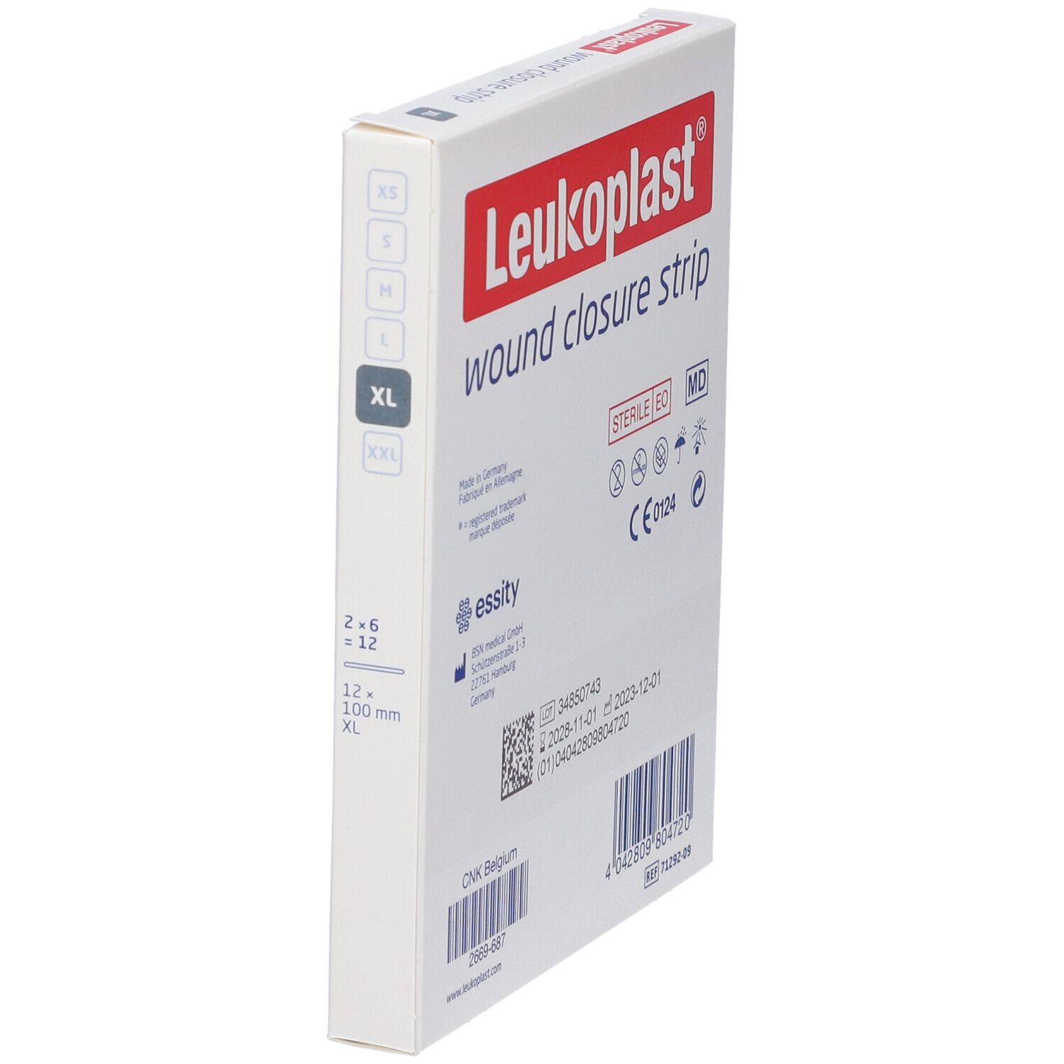 Confezione di strisce per la chiusura di ferite Leukoplast, taglia XL. Vista laterale. Sterile EO. Contiene 2x6 strisce.