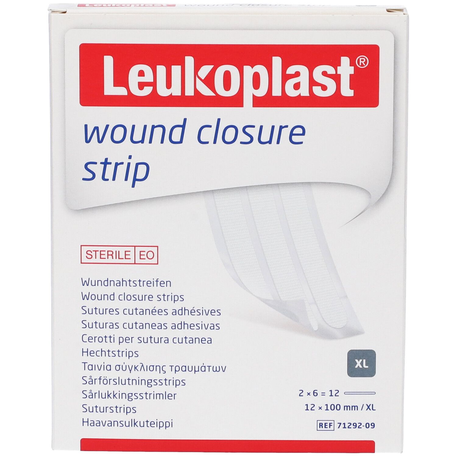 Confezione di strisce per la chiusura di ferite Leukoplast. Contiene 2x6 strisce, 12x100mm. Sterile EO.