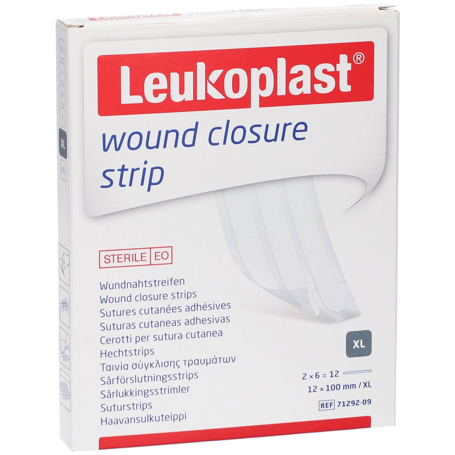 Confezione di strisce per la chiusura di ferite Leukoplast. Contiene 2x6 strisce, 12x100mm. Sterile EO.