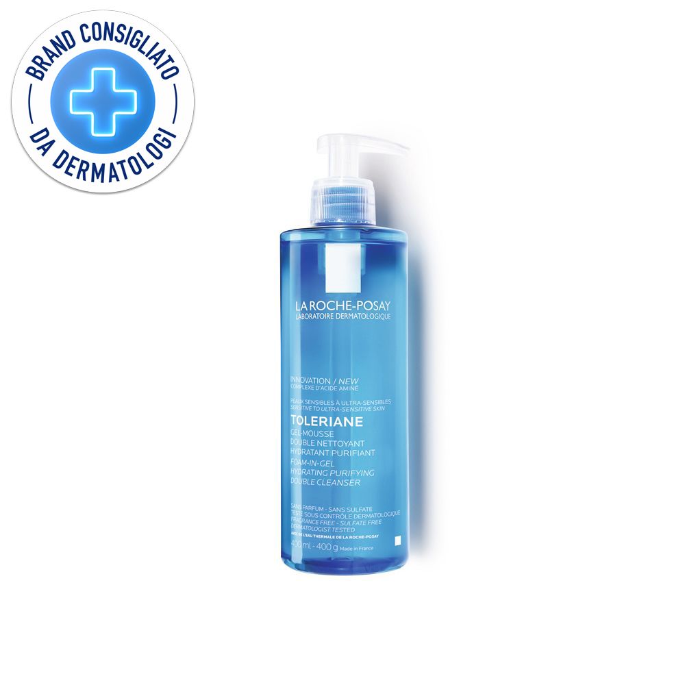Flacone blu trasparente con dosatore bianco. Etichetta con informazioni e logo. Sigillo "Brand Consigliato da Dermatologi".