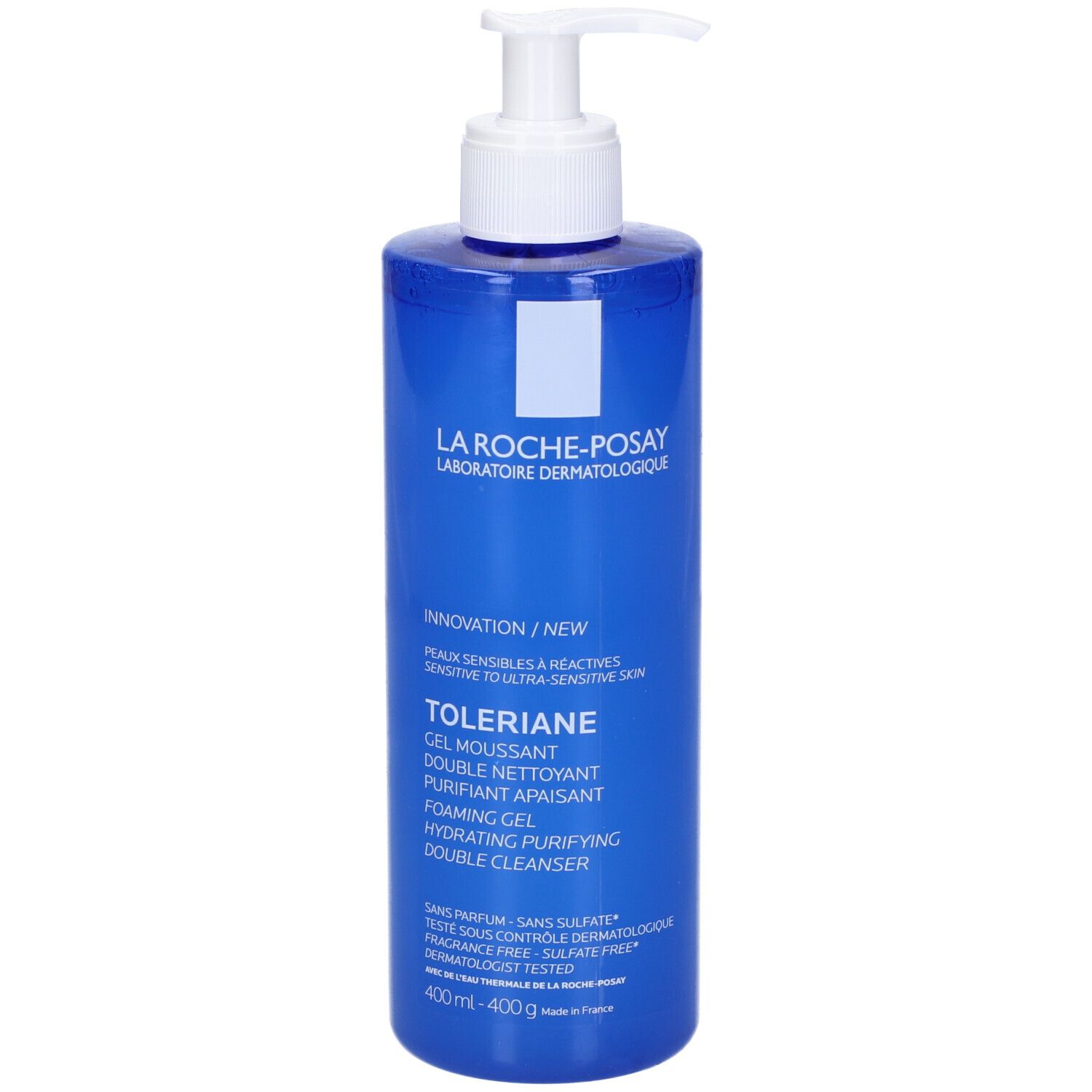 Flacone blu con dosatore bianco. Etichetta con nome e informazioni. Testo: Toleriane Gel Moussant.