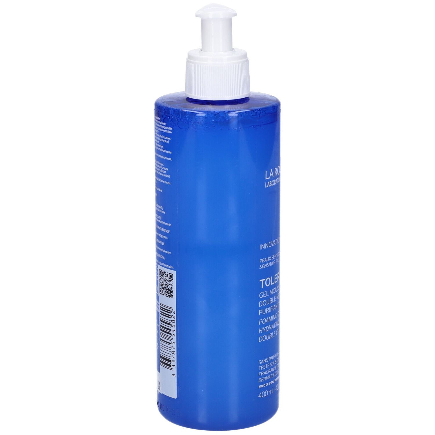 Flacone blu con dosatore bianco. Retro con testo e codice a barre. Nome prodotto: Toleriane Gel Moussant.