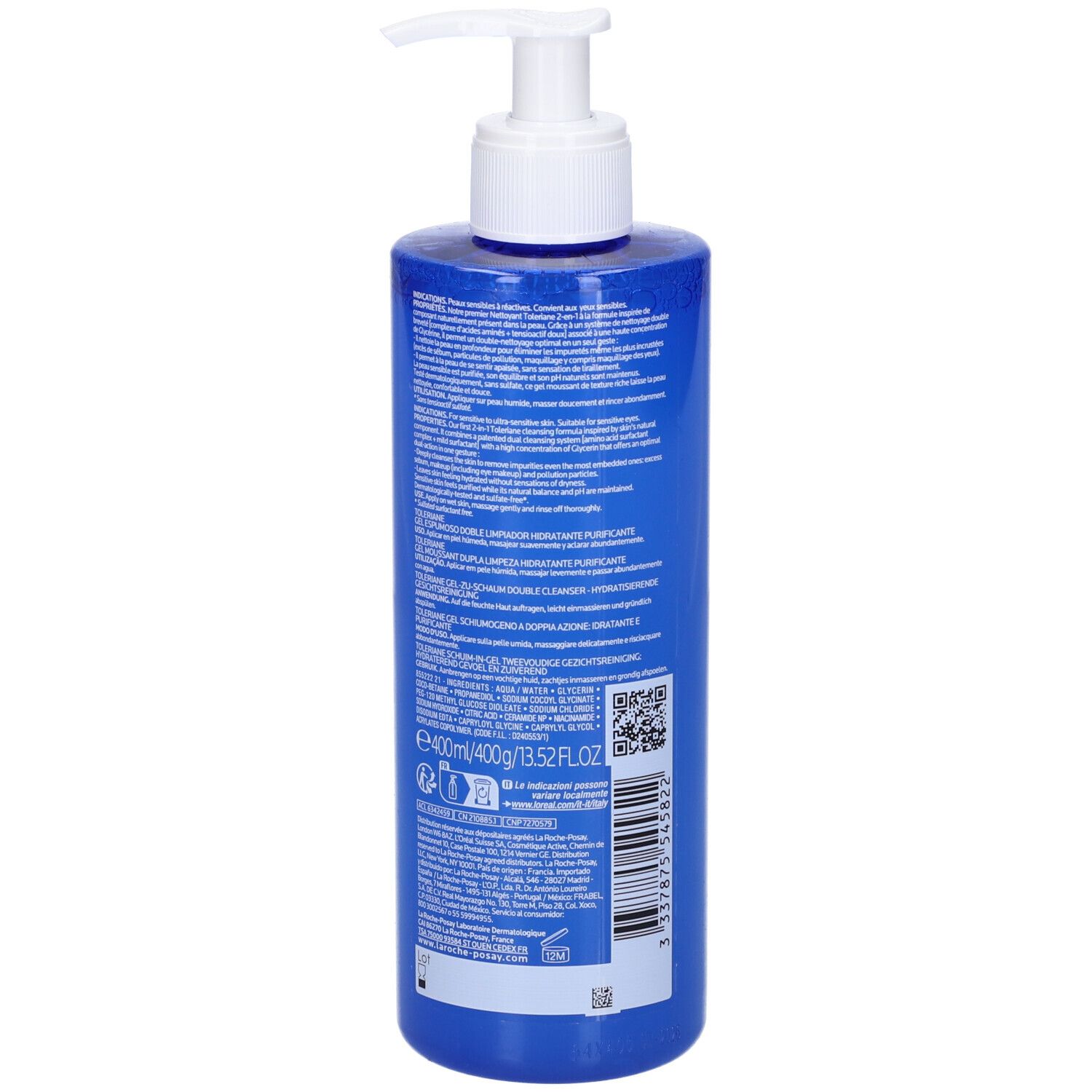 Flacone blu con dosatore bianco. Retro con testo e codice a barre. Nome prodotto: Toleriane Gel Moussant.