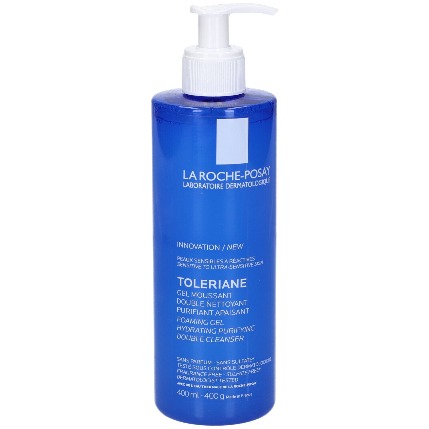 Flacone blu con dosatore bianco. Etichetta con nome e informazioni. Testo: Toleriane Gel Moussant.