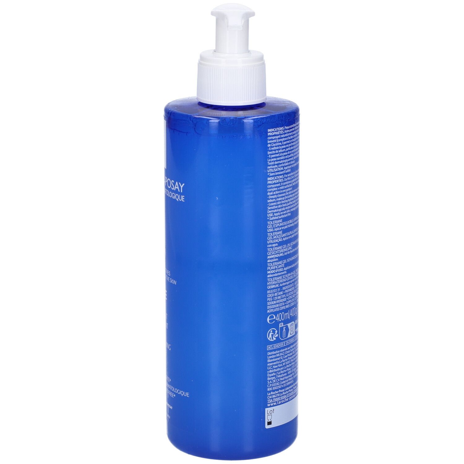 Flacone blu con dosatore bianco. Retro con testo e codice a barre. Nome prodotto: Toleriane Gel Moussant.
