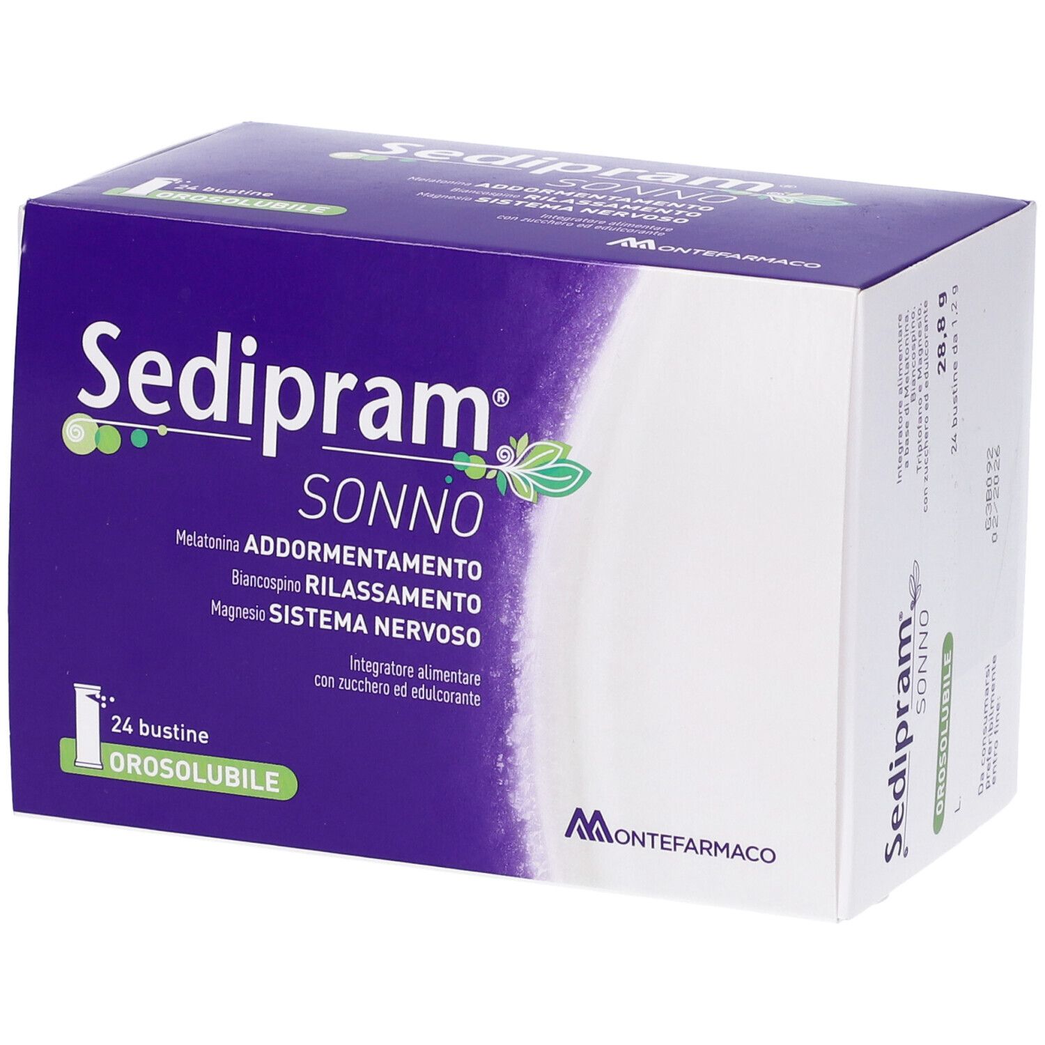 Scatola Sedipram Sonno, 24 bustine. Viola e bianco. Scritto: Orosolubile.