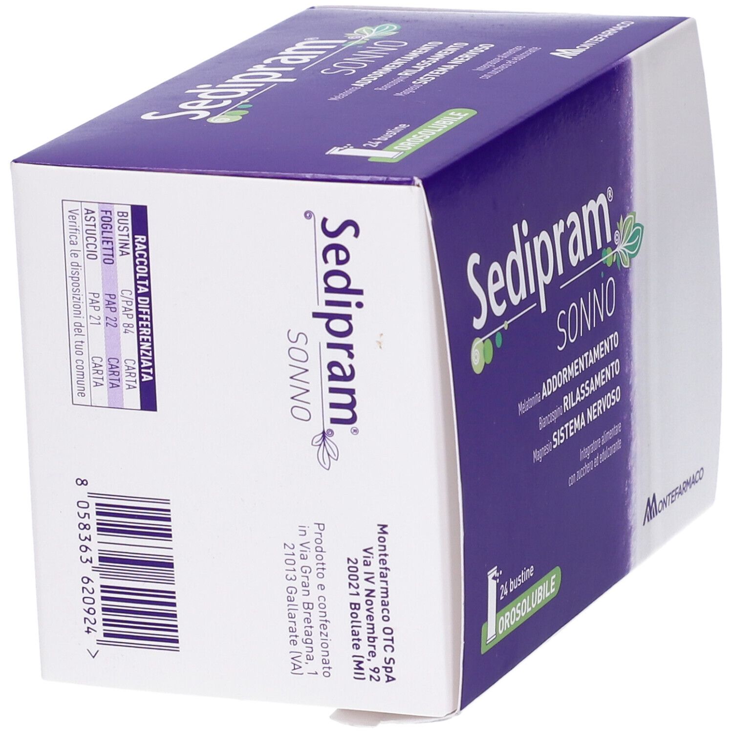 Scatola Sedipram Sonno, 24 bustine. Retro con informazioni e indirizzo produttore.