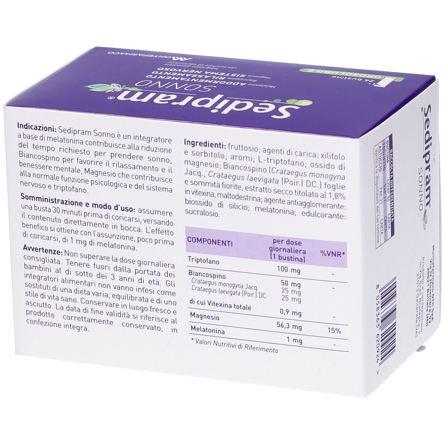 Scatola Sedipram Sonno, 24 bustine. Retro con ingredienti e tabella nutrizionale.