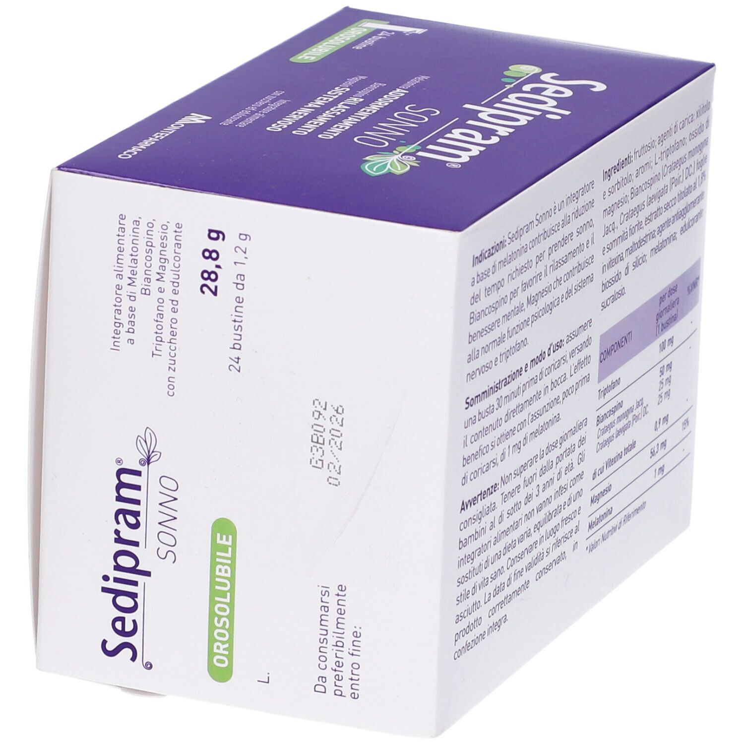 Scatola Sedipram Sonno, 24 bustine. Scritto: 28,8 g, da consumare preferibilmente entro 02/2026.