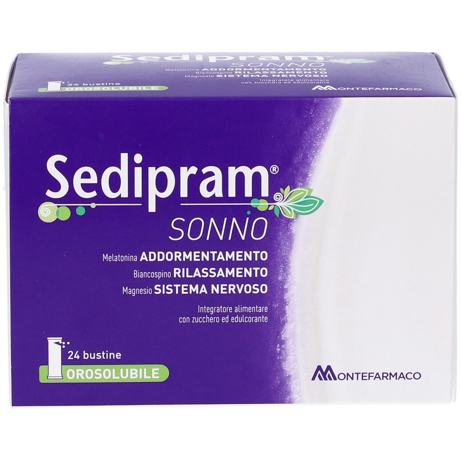 Scatola Sedipram Sonno, 24 bustine. Viola e bianco. Scritto: Orosolubile.