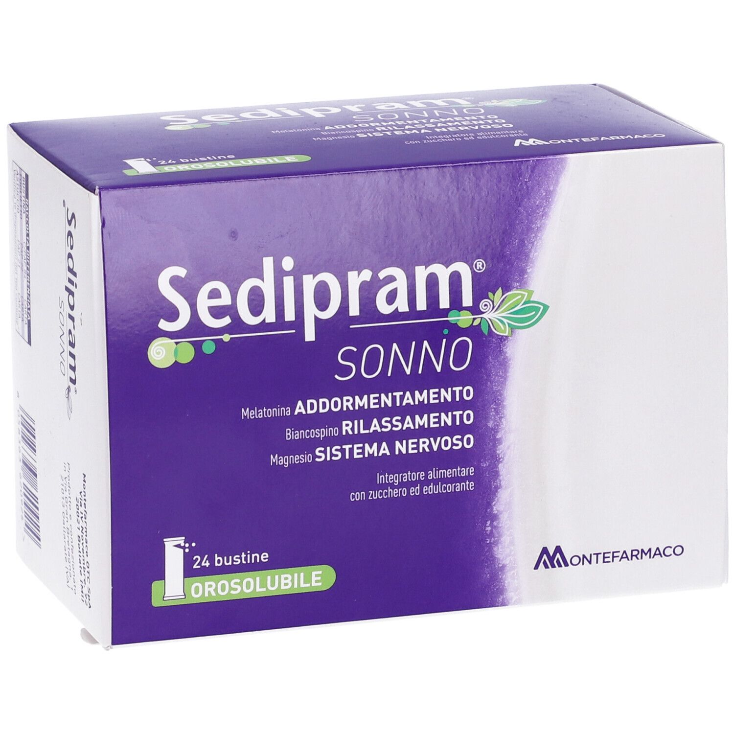 Scatola Sedipram Sonno, 24 bustine. Viola e bianco. Scritto: Orosolubile.