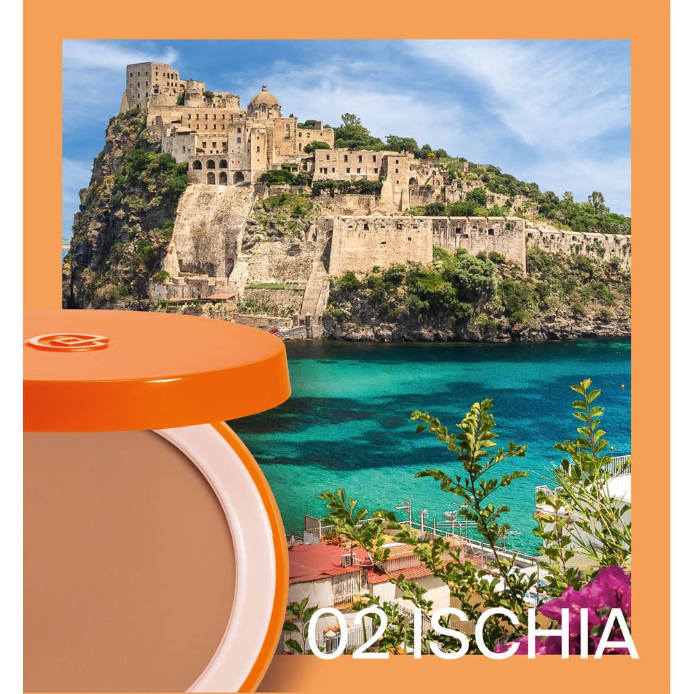 Offene Kompaktpuder-Dose mit Landschaft. Text: 02 Ischia.