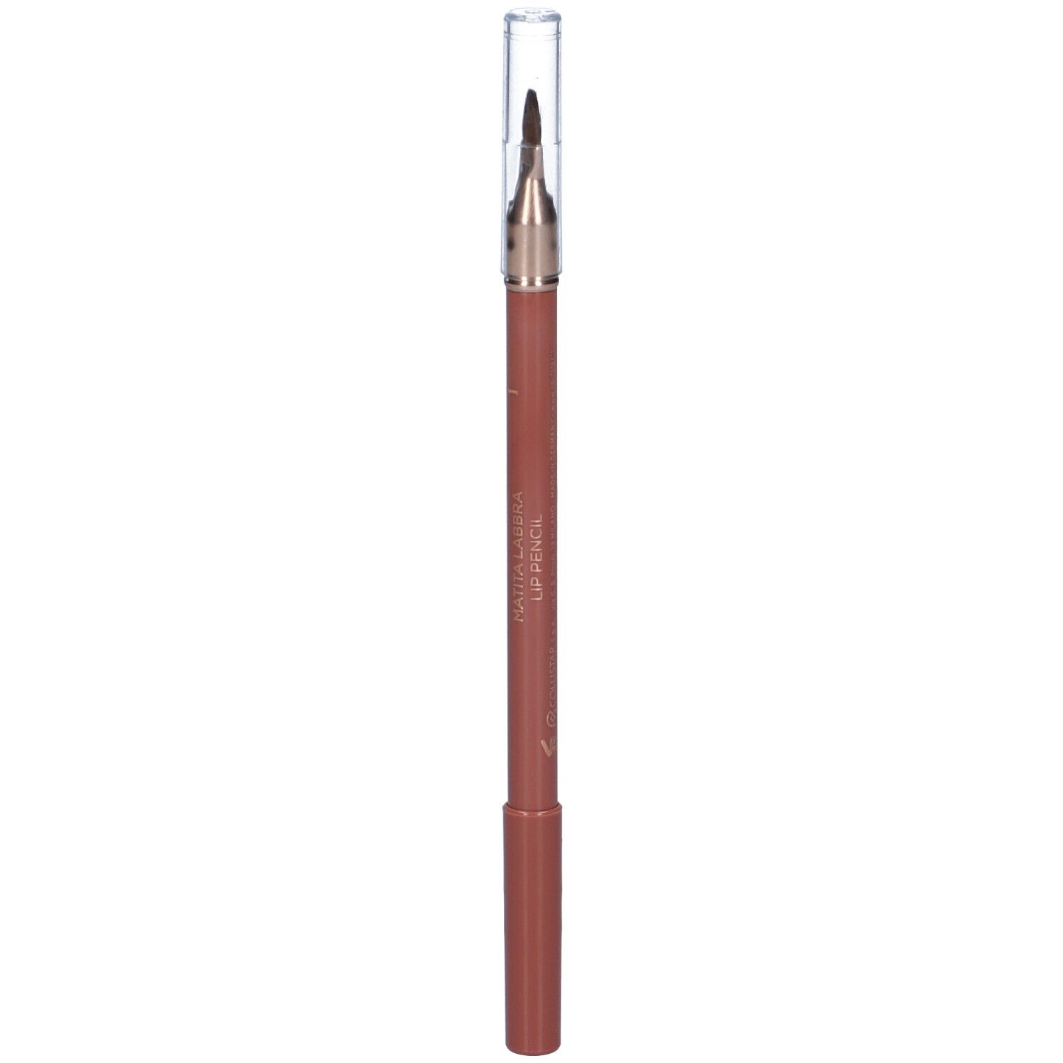 Matita labbra marrone con cappuccio trasparente. Scritta: Matita Labbra Lip Pencil.