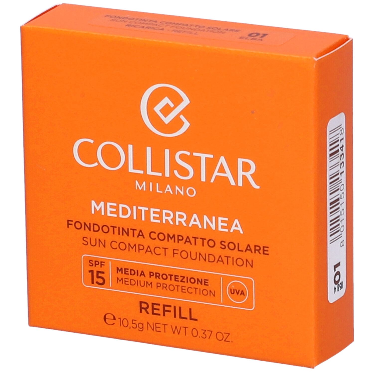 Scatola arancione. Scritto: Collistar Milano, Mediterranea, Fondotinta Compatto Solare, SPF 15, Ricarica.