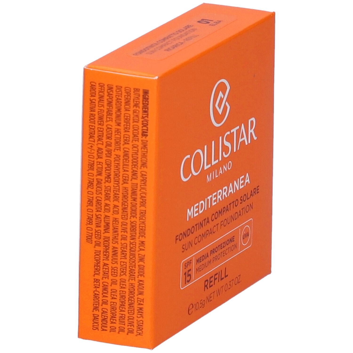 Scatola arancione. Scritto: Collistar Milano, Mediterranea, Fondotinta Compatto Solare, SPF 15, Ricarica. Elenco ingredienti.
