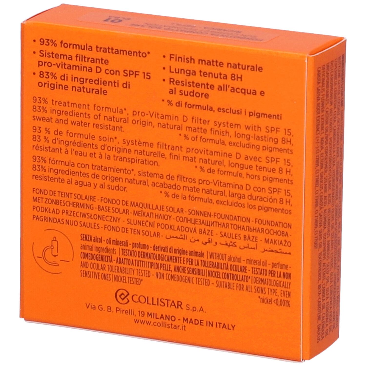 Scatola arancione. Testo: 93% formula, pro-vitamina D, SPF 15, 83% ingredienti naturali. Lunga durata.