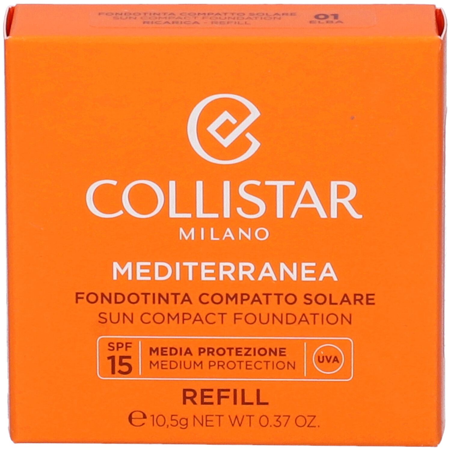 Scatola arancione. Scritto: Collistar Milano, Mediterranea, Fondotinta Compatto Solare, SPF 15, Ricarica, Elba.