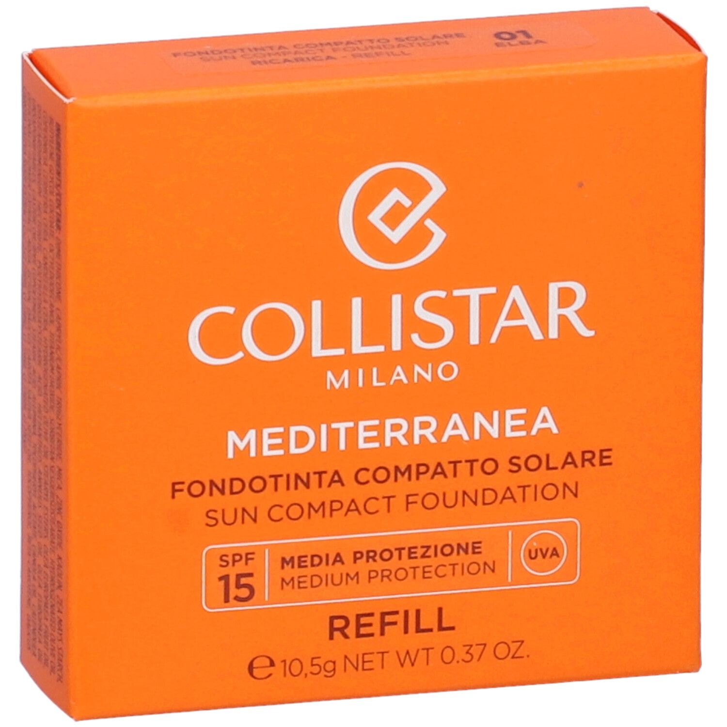 Scatola arancione. Scritto: Collistar Milano, Mediterranea, Fondotinta Compatto Solare, SPF 15, Ricarica, Elba.
