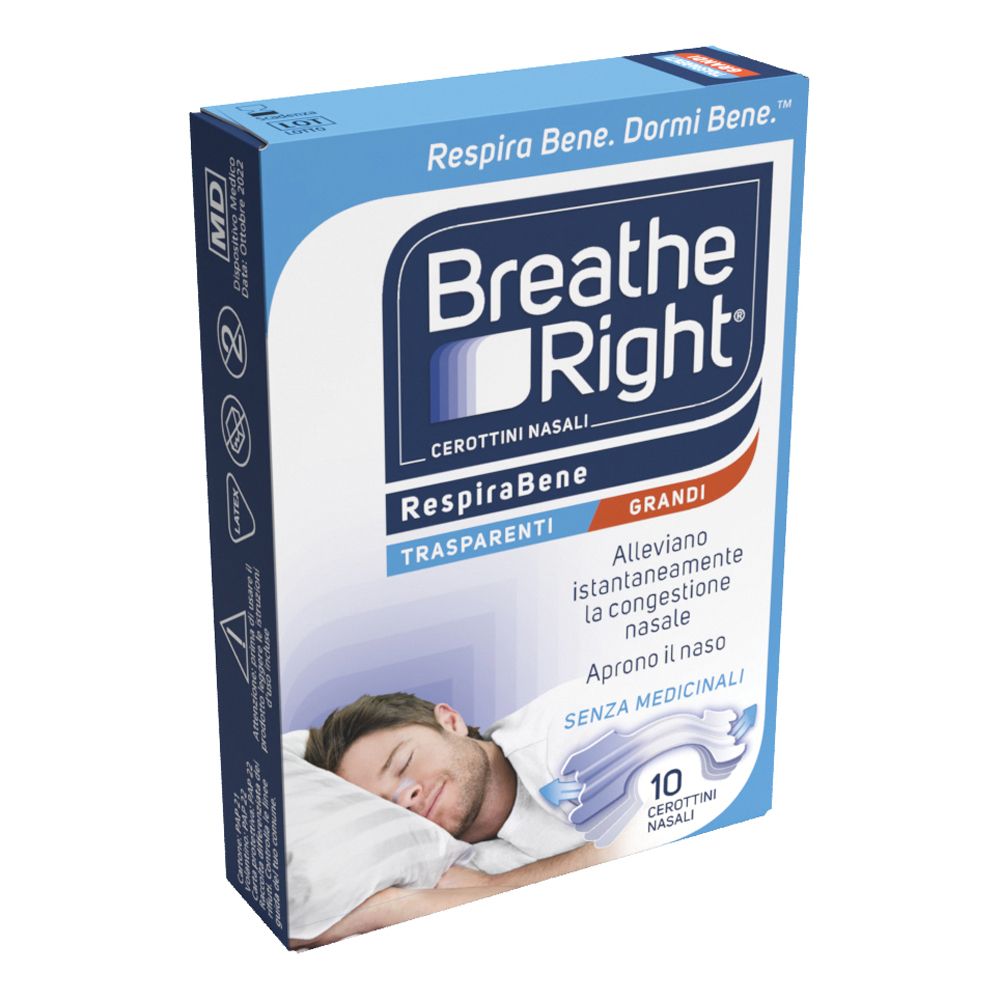 Scatola blu e bianca con nome del prodotto e immagine di un uomo che dorme. Contiene 10 cerotti nasali. Testo: Trasparenti, Grandi.