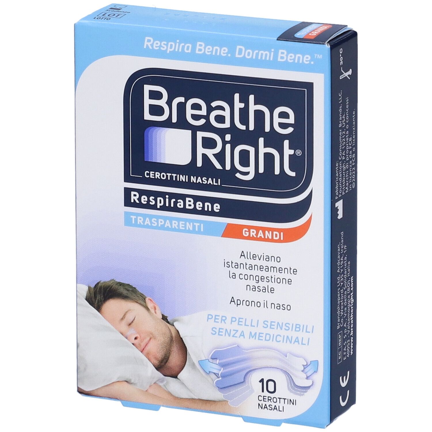 Confezione del prodotto, scatola blu con nome del prodotto e immagine di un uomo che dorme. Contiene 10 cerotti nasali. Testo: Trasparenti, Grandi.