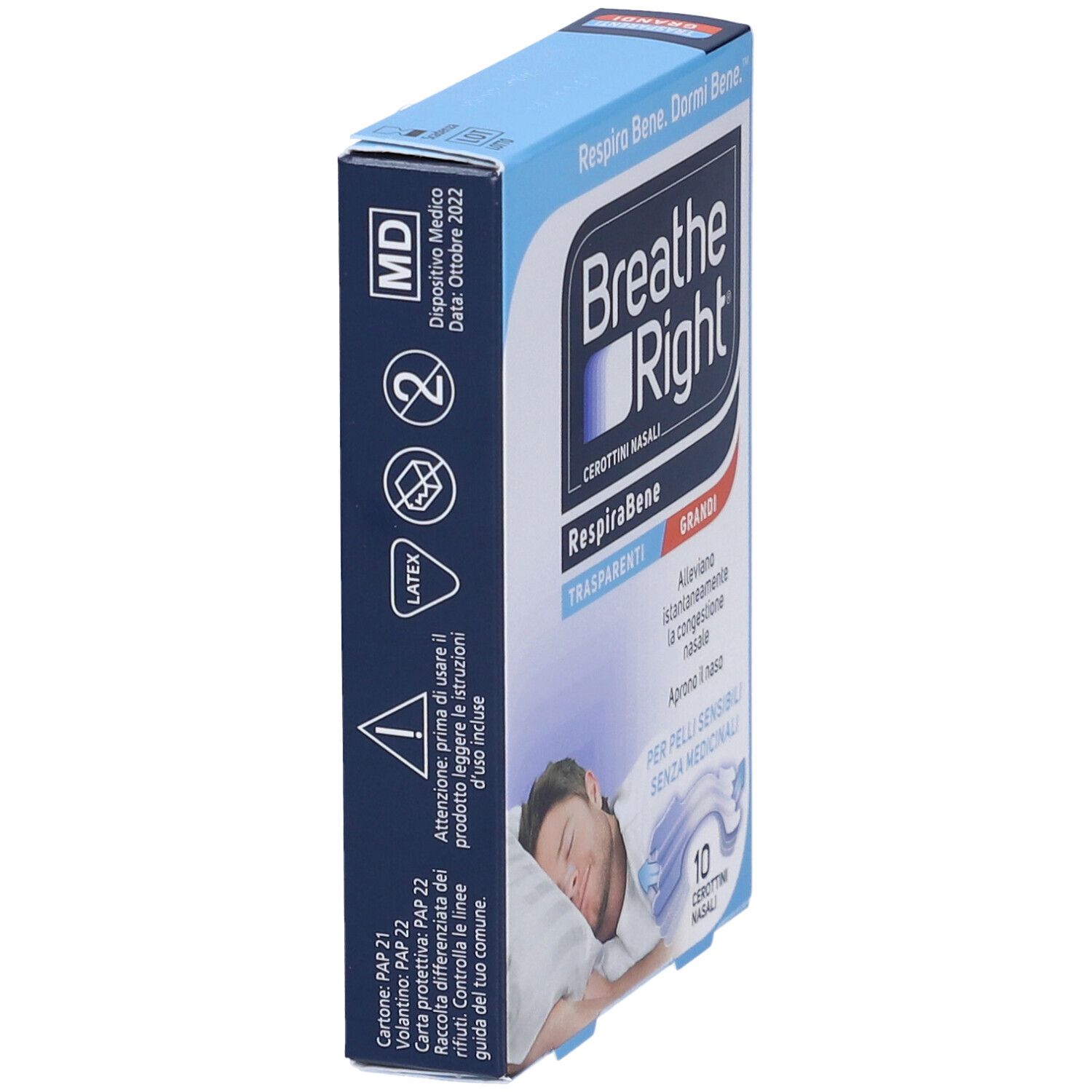 Scatola blu, vista laterale. Nome del prodotto e loghi. Testo: Dispositivo Medico, Latex, avvertenze. Contiene 10 cerotti nasali.