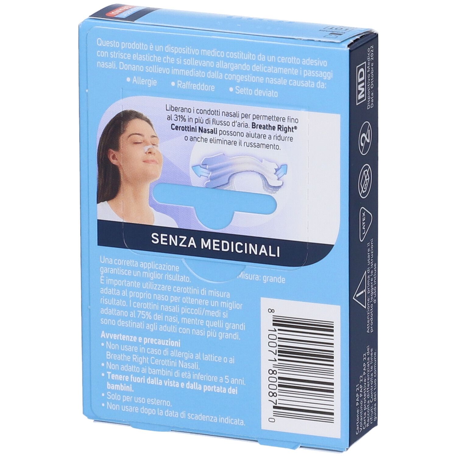 Retro della scatola blu. Nome del prodotto, testo: Senza Medicinali, istruzioni per l'uso. Immagine di una donna. Contiene 10 cerotti nasali.