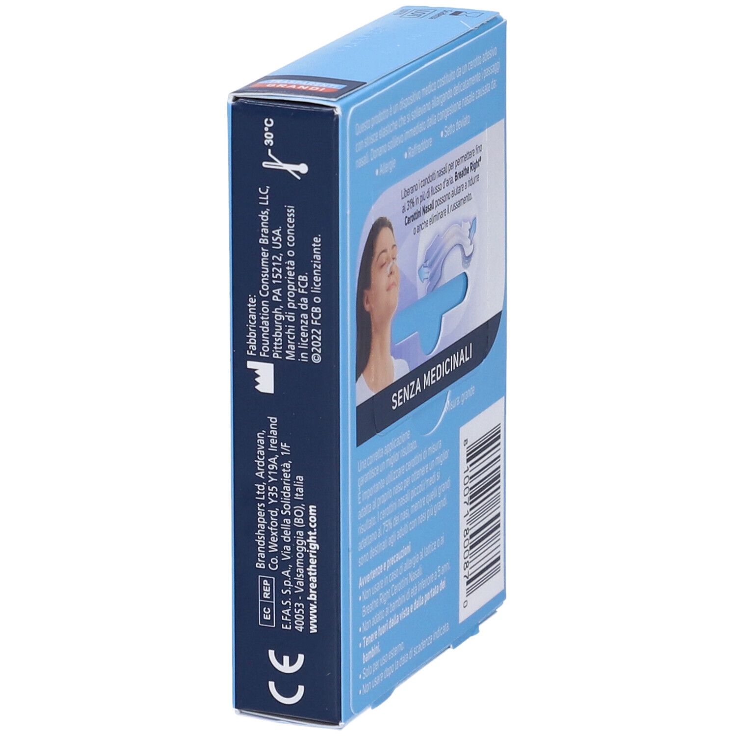 Vista laterale della scatola blu. Nome del prodotto, testo: Senza Medicinali, informazioni produttore. Marchio CE. Contiene 10 cerotti nasali.