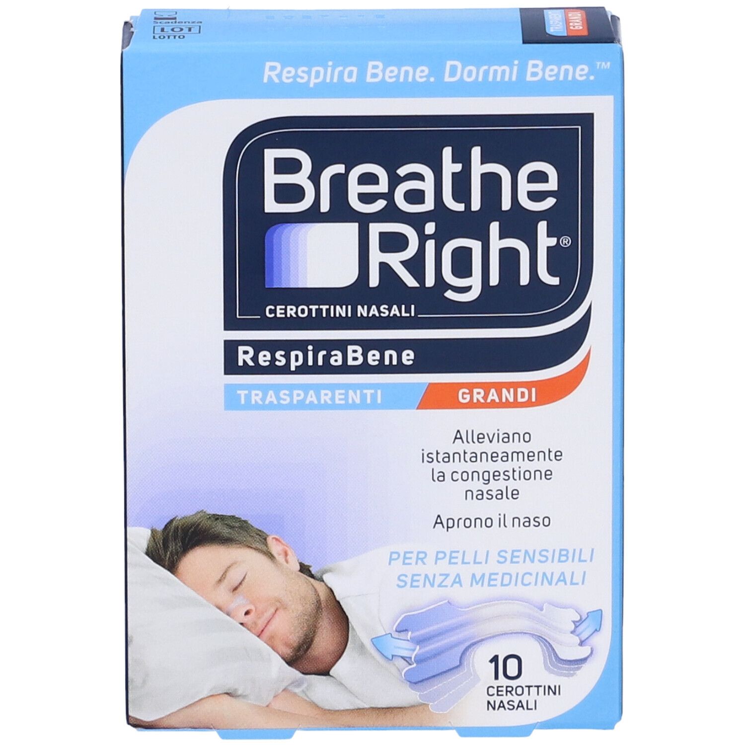 Confezione del prodotto, scatola blu con nome del prodotto e immagine di un uomo che dorme. Contiene 10 cerotti nasali. Testo: Trasparenti, Grandi.