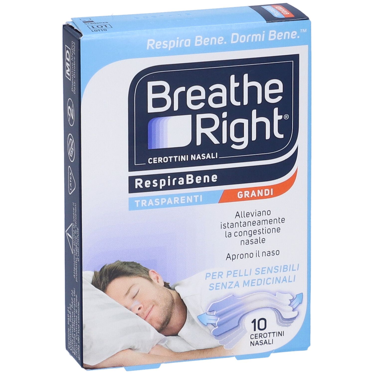Confezione del prodotto, scatola blu con nome del prodotto e immagine di un uomo che dorme. Contiene 10 cerotti nasali. Testo: Trasparenti, Grandi.
