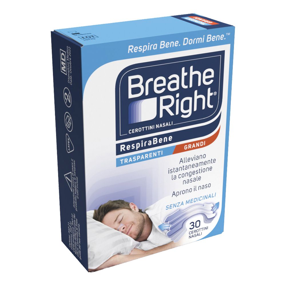 Scatola blu e bianca Breathe Right. Scritto: Cerottini Nasali, Trasparenti, Grandi. Immagine di un uomo che dorme.