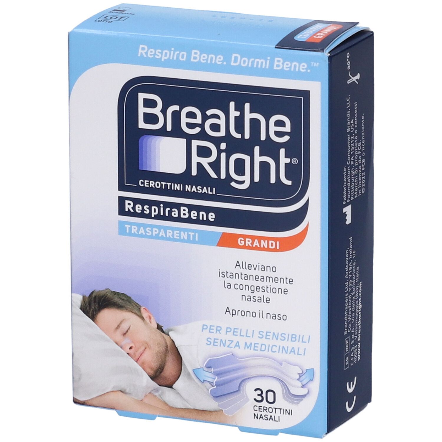 Scatola blu e bianca Breathe Right. Scritto: Cerottini Nasali, Trasparenti, Grandi. Immagine di un uomo che dorme. 30 pezzi.