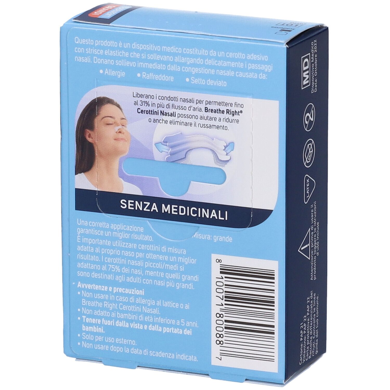 Retro della scatola Breathe Right. Scritto: Cerottini Nasali. Immagine di una donna con cerotto nasale. Testo: Senza medicinali.