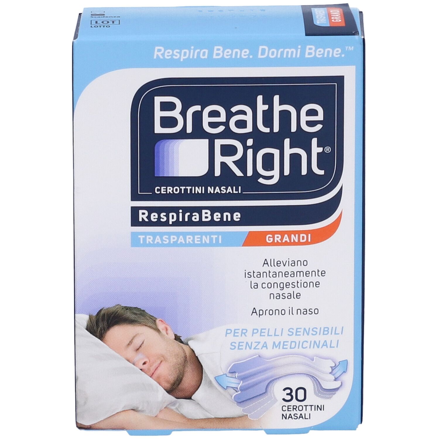 Scatola blu e bianca Breathe Right. Scritto: Cerottini Nasali, Trasparenti, Grandi. Immagine di un uomo che dorme. 30 pezzi.