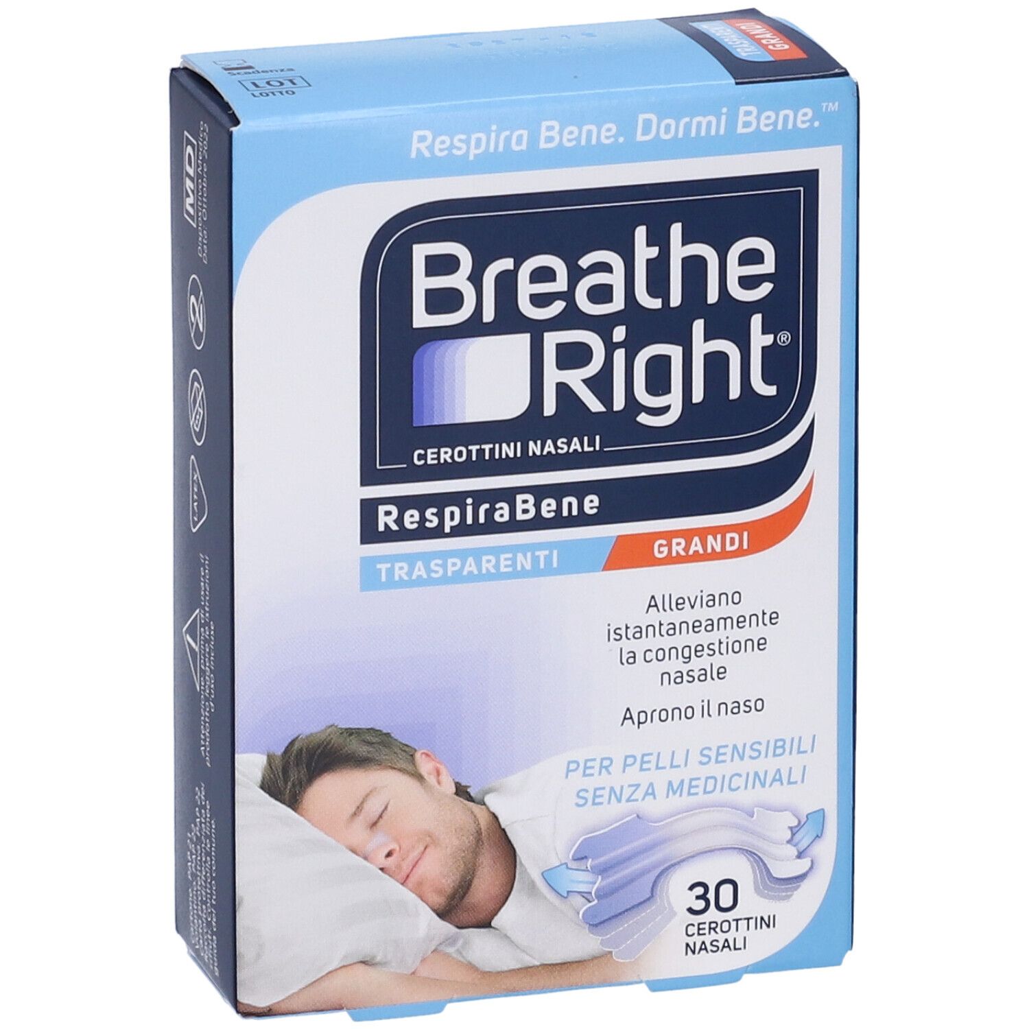 Scatola blu e bianca Breathe Right. Scritto: Cerottini Nasali, Trasparenti, Grandi. Immagine di un uomo che dorme. 30 pezzi.
