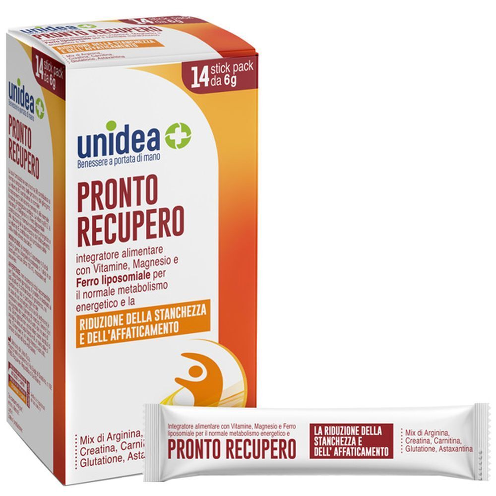 Confezione di Unidea Pronto Recupero. Contiene 14 stick pack. Scritto: Pronto Recupero, per ridurre la stanchezza.