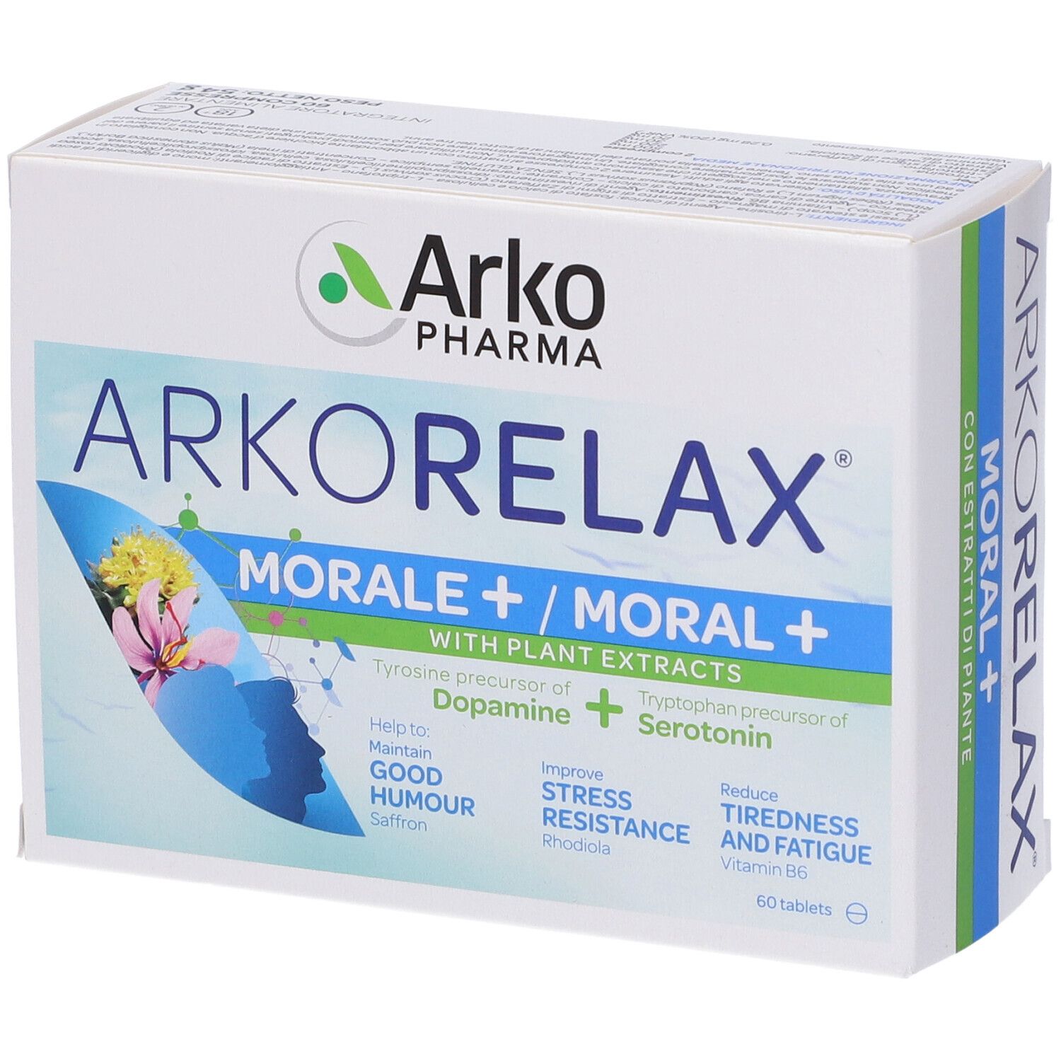 Scatola bianca con logo e nome del prodotto. Accenti blu e verdi. Testo: Moral+/Morale+ con estratti di piante. 60 compresse.