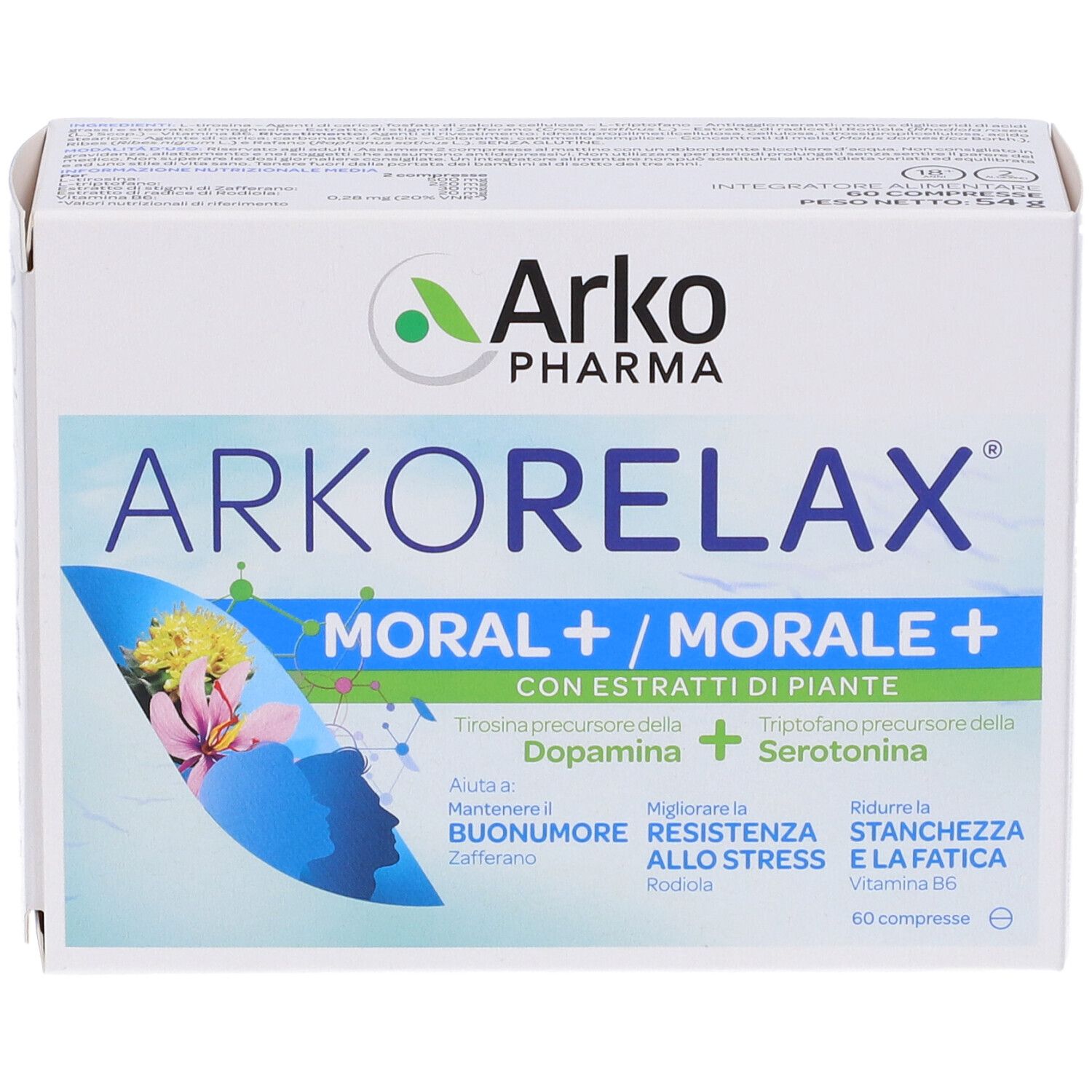 Scatola con logo e nome del prodotto. Accenti blu e verdi. Testo: Moral+/Morale+ con estratti di piante. 60 compresse.