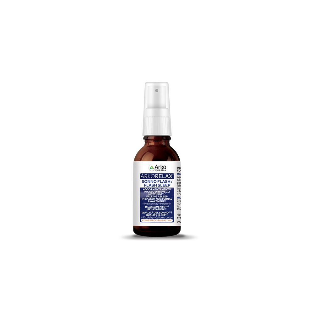 Flacone di vetro marrone con erogatore bianco. Etichetta con nome del prodotto e informazioni. Arko Pharma Arkorelax Sonno Flash Sleep.