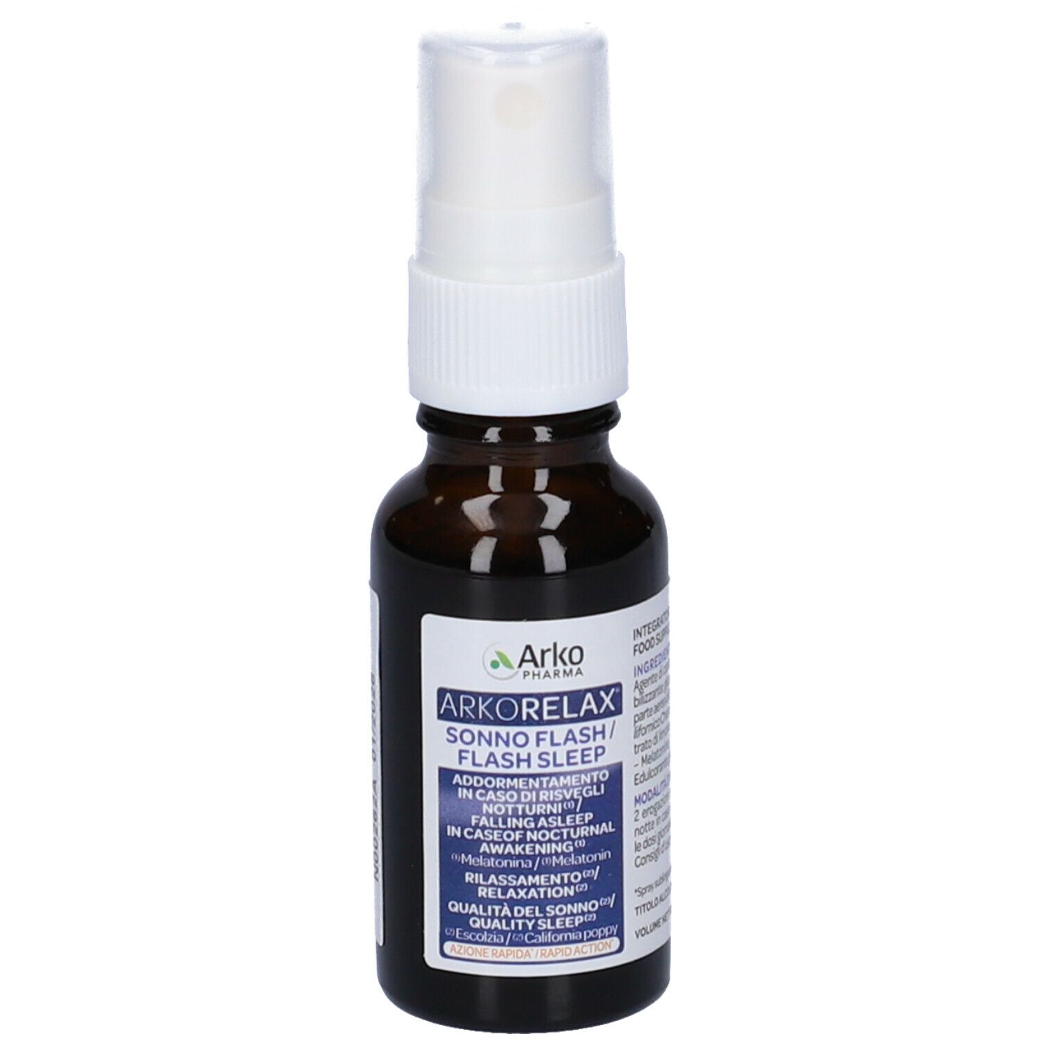 Flacone di vetro marrone con erogatore bianco. Etichetta con nome del prodotto e informazioni. Arko Pharma Arkorelax Sonno Flash Sleep.