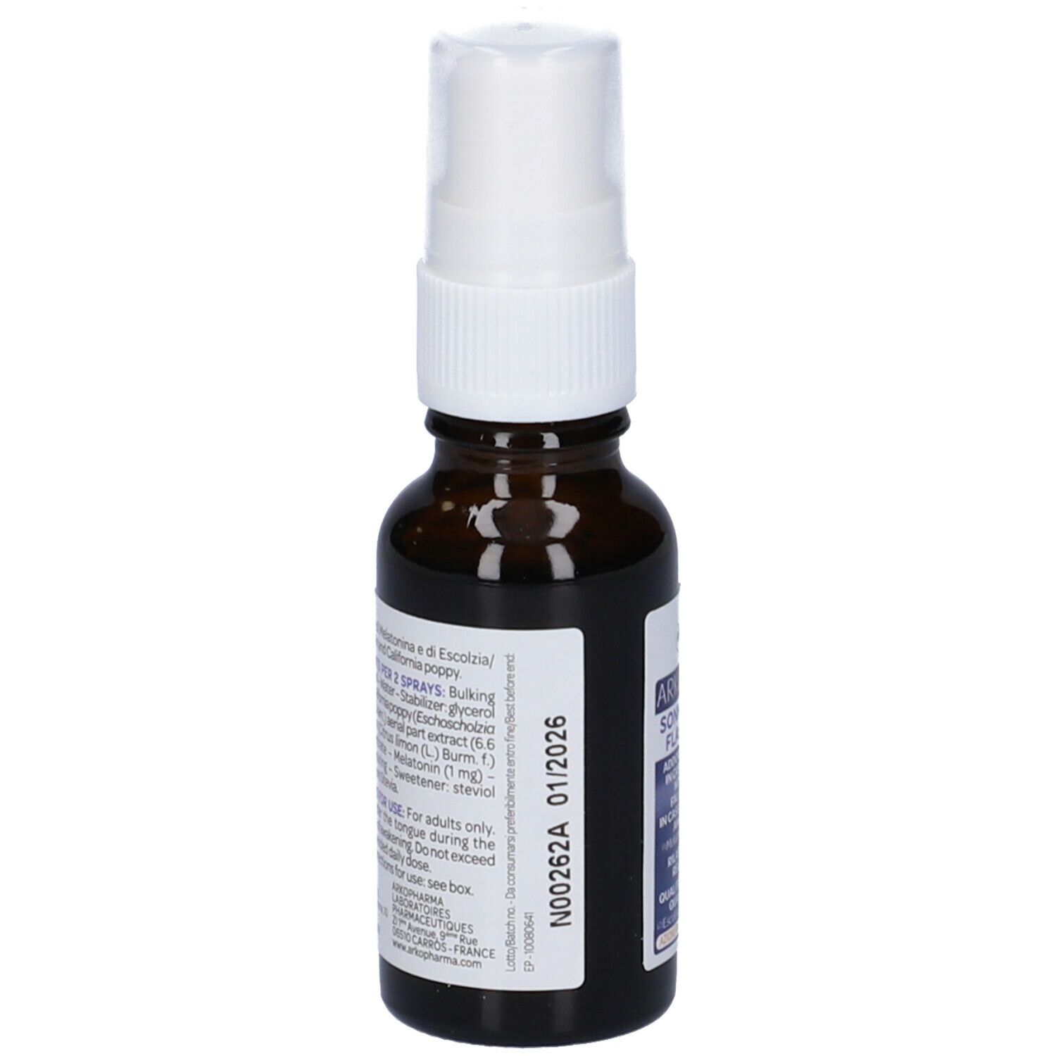 Flacone di vetro marrone con erogatore bianco. Etichetta con nome del prodotto e informazioni. Arko Pharma Arkorelax Sonno Flash Sleep.