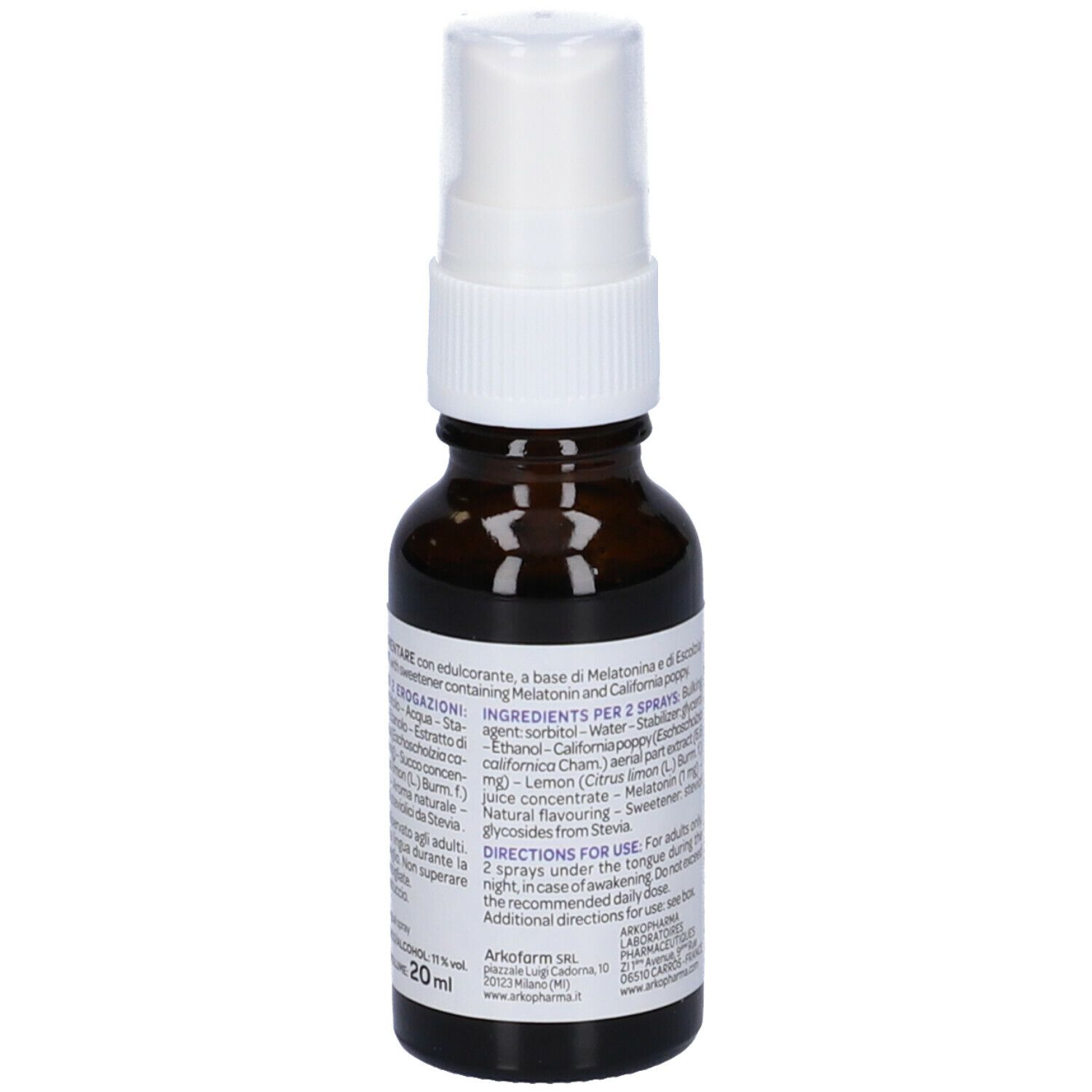 Flacone di vetro marrone con erogatore bianco. Etichetta con nome del prodotto e informazioni. Arko Pharma Arkorelax Sonno Flash Sleep.