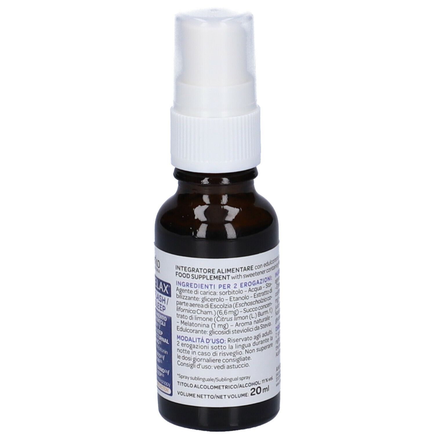 Flacone di vetro marrone con erogatore bianco. Etichetta con nome del prodotto e informazioni. Arko Pharma Arkorelax Sonno Flash Sleep.